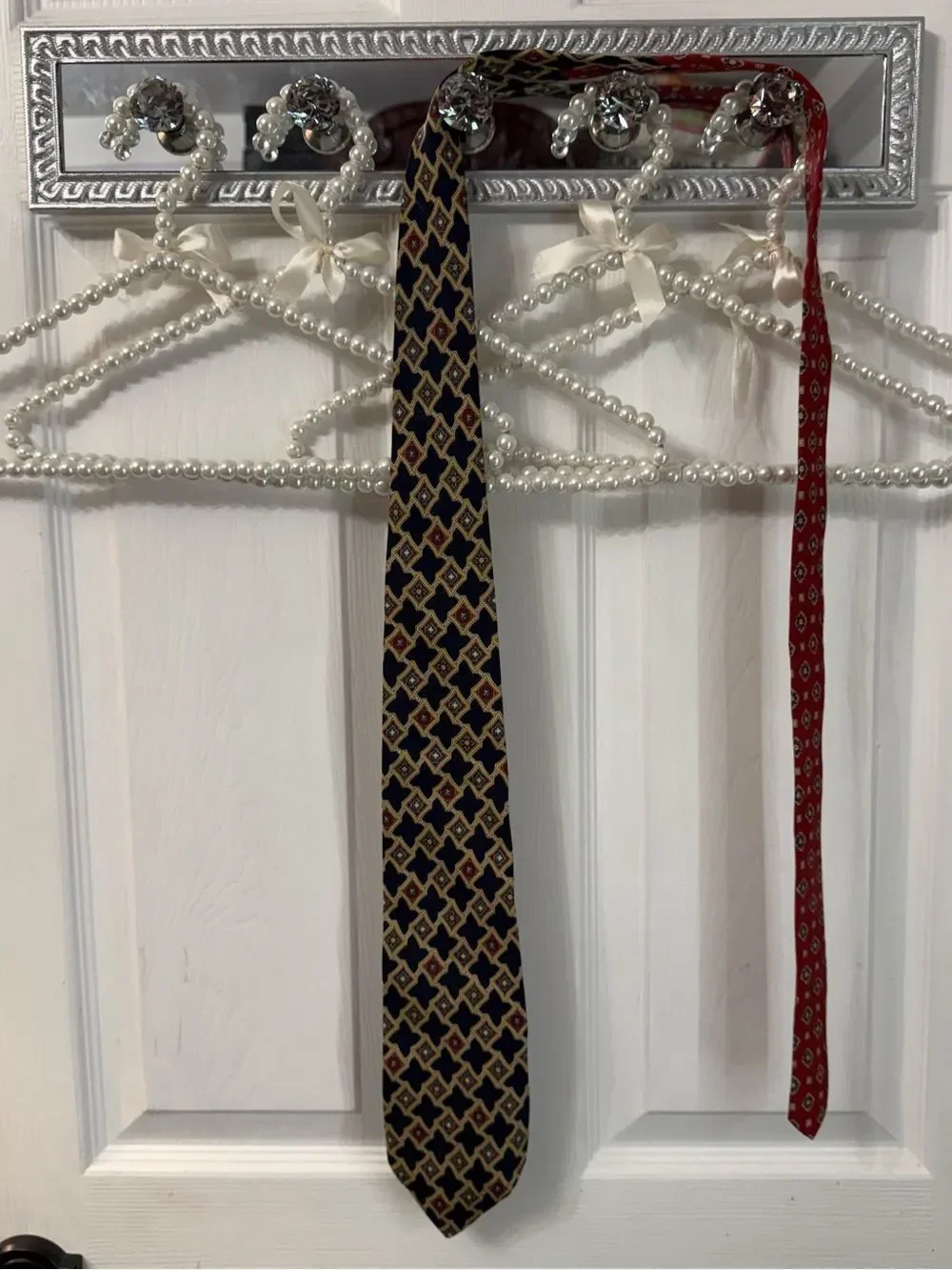Vintage Signature Tommy Hilfiger Black Tie with Gold and Red Geometric Motif
